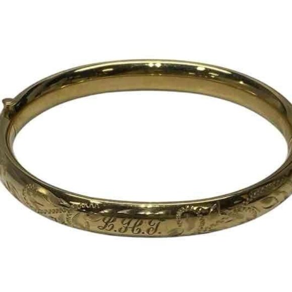Vintage 14KT Gold Filled Floral & Initials Engraved Hinged Bangle Bracelet - Picture 1 of 7